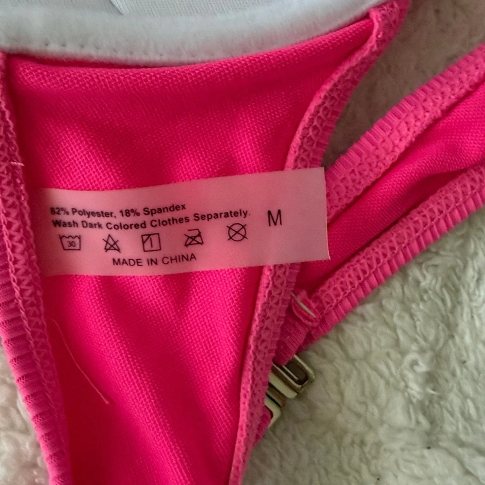 Neon Pink Ribbed Bikini Set High Waisted Two Piece Swimsuit Size M